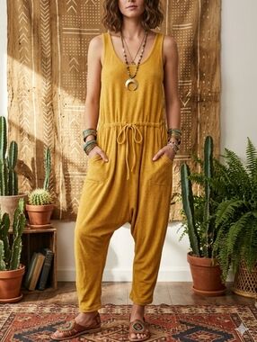 Mustard Sleeveless Drawstring Harem Jumpsuit